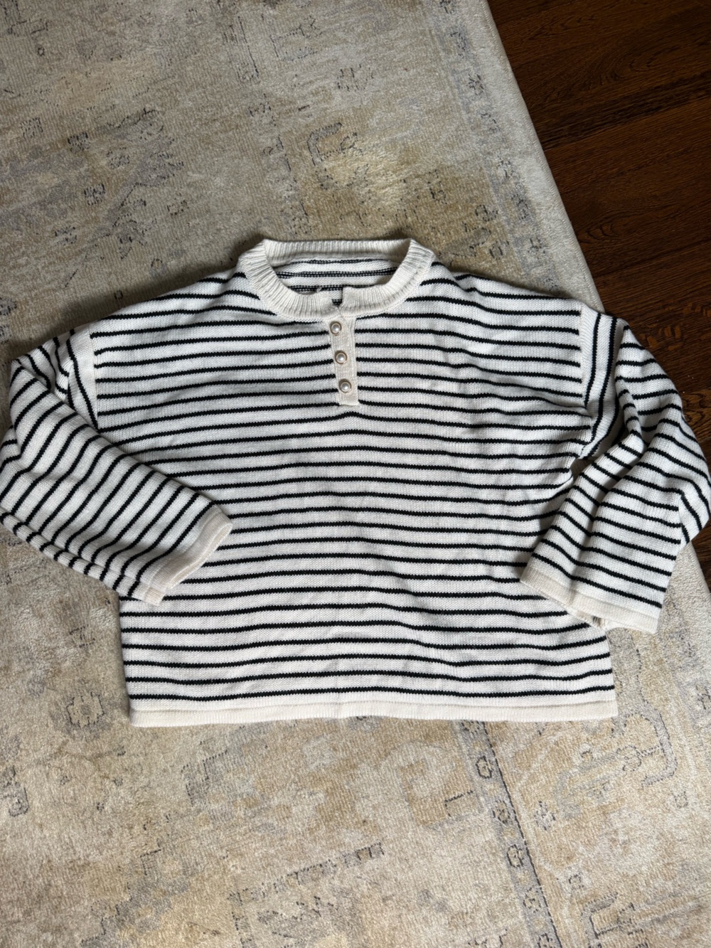 Striped Knit Henley Top - Cream and Black